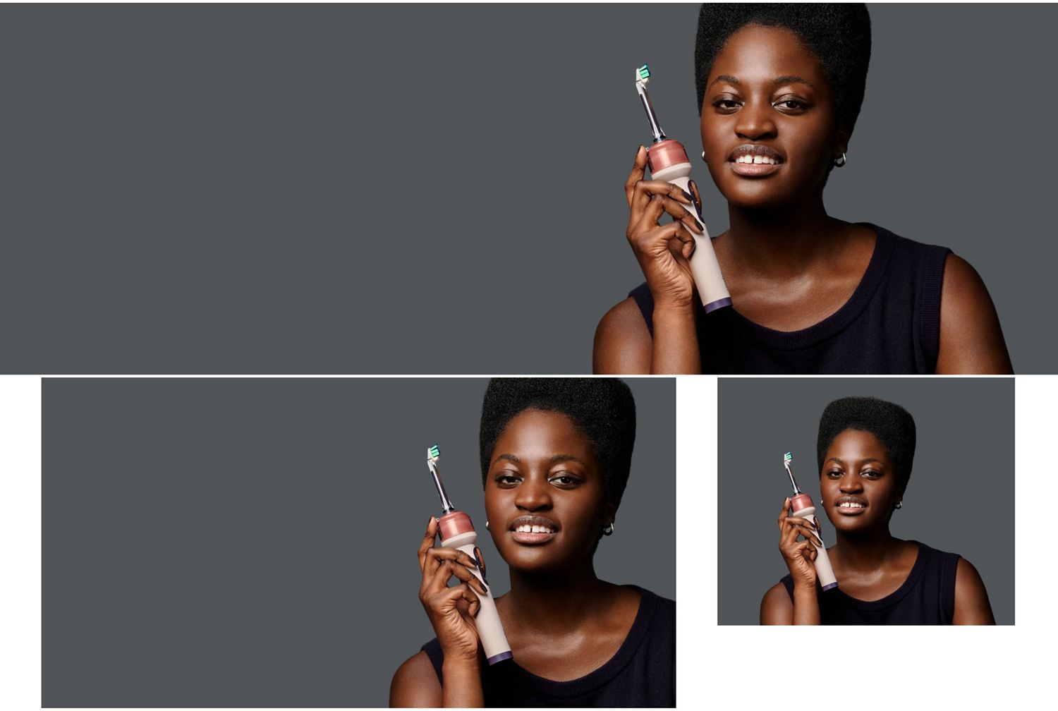 Person holds the Dyson CameraJet toothbrush to one side.