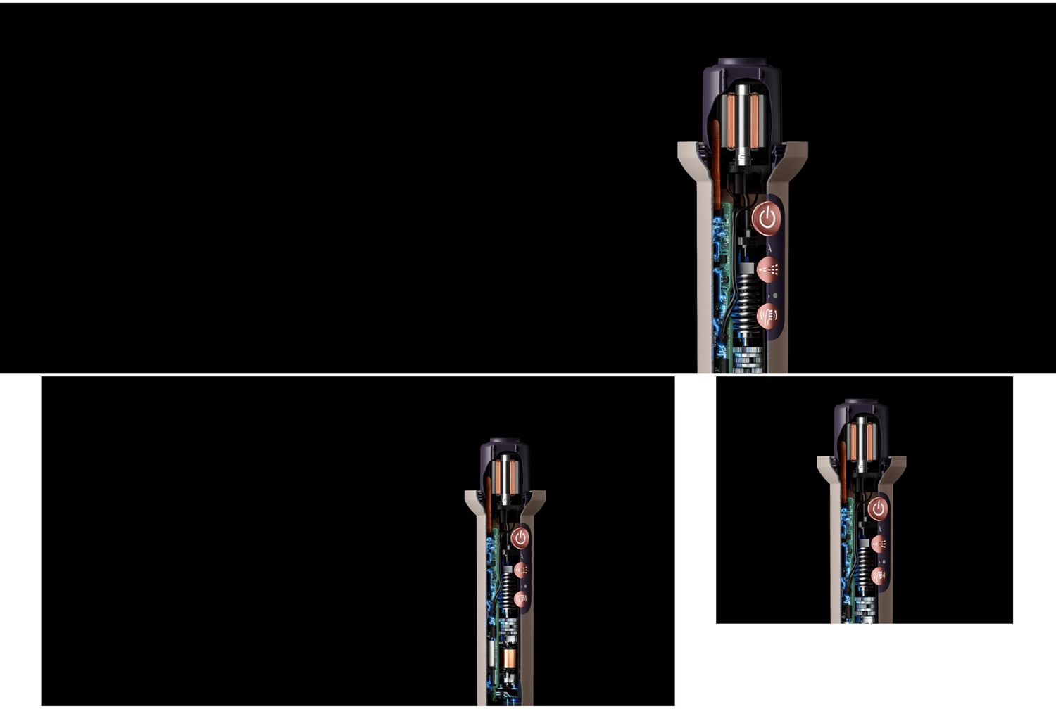 Cutaway showing the motor and control technology within the Dyson CameraJet toothbrush.