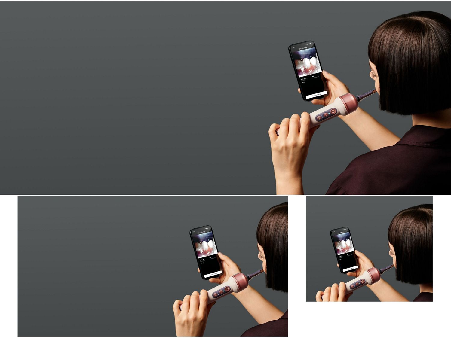Person using the MyDyson app to see a live view from their Dyson CameraJet toothbrush as they brush their teeth.
