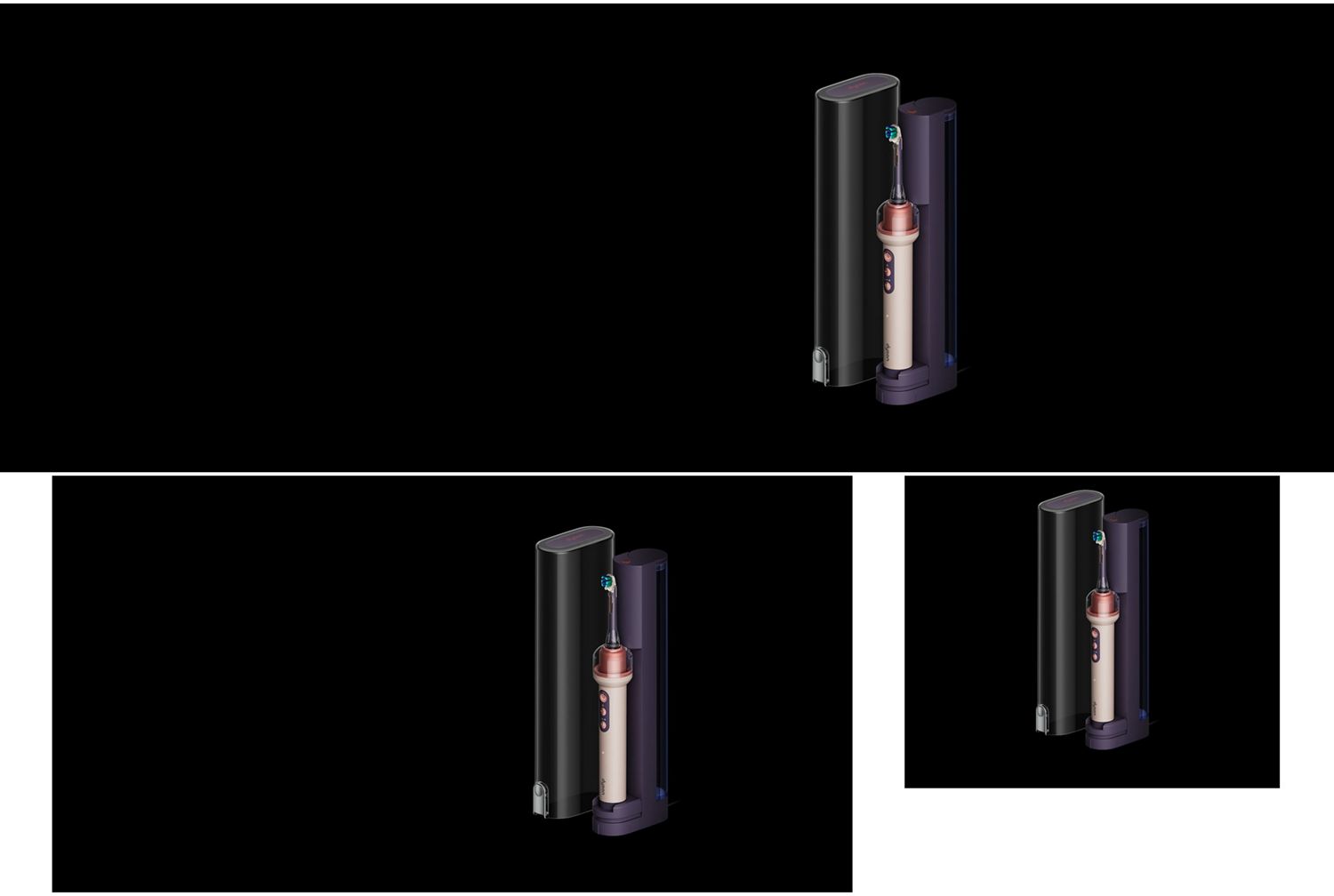 トラベルケースの横にあるリフィルドックに設置されたDyson CameraJet歯ブラシ。