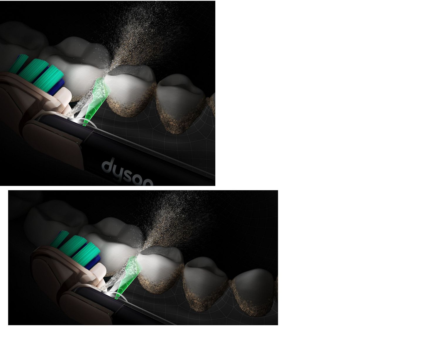 Dyson CameraJet toothbrush flosses with liquid between teeth.