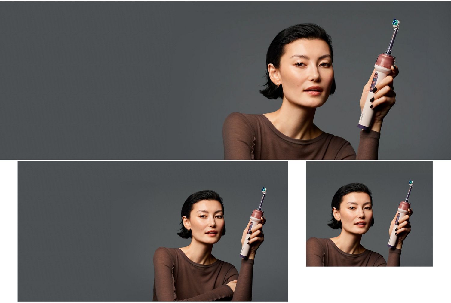 Model holds the Dyson Camerajet toothbrush.