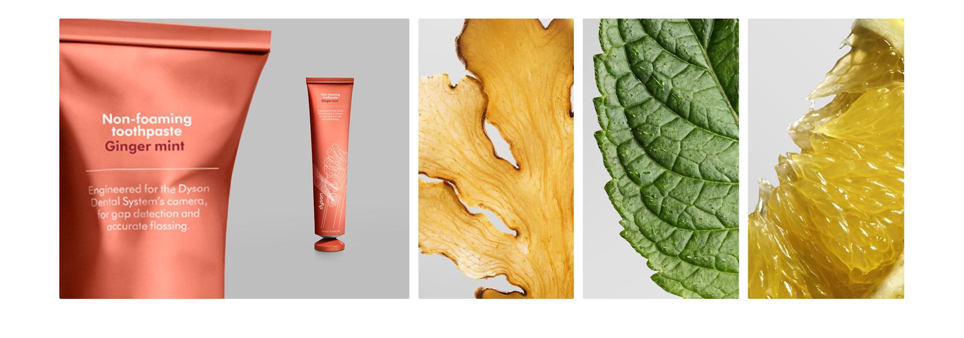 Dyson Ginger mint toothpaste next to a range of ingredients.