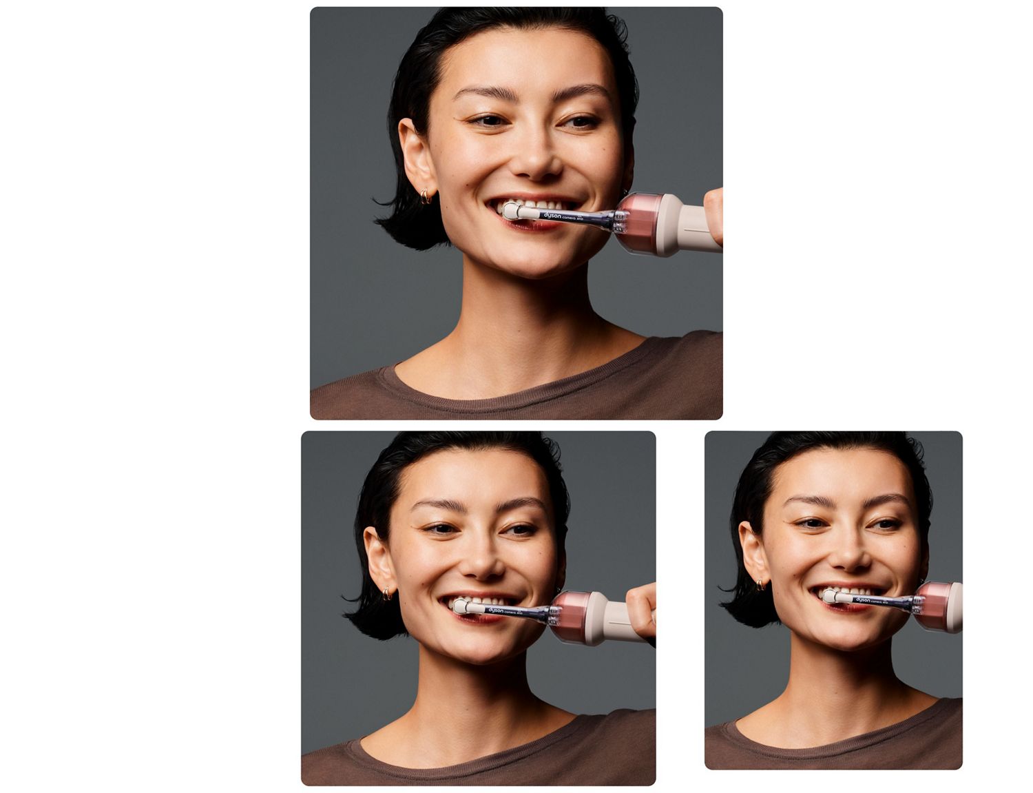 Person brushes their teeth using the Dyson CameraJet toothbrush.