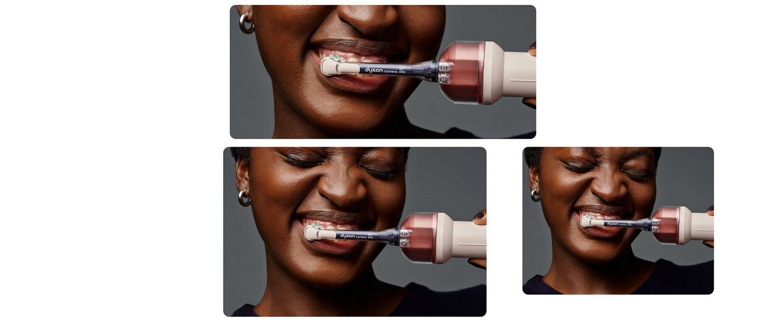 Person brushes their teeth using the Dyson CameraJet toothbrush.