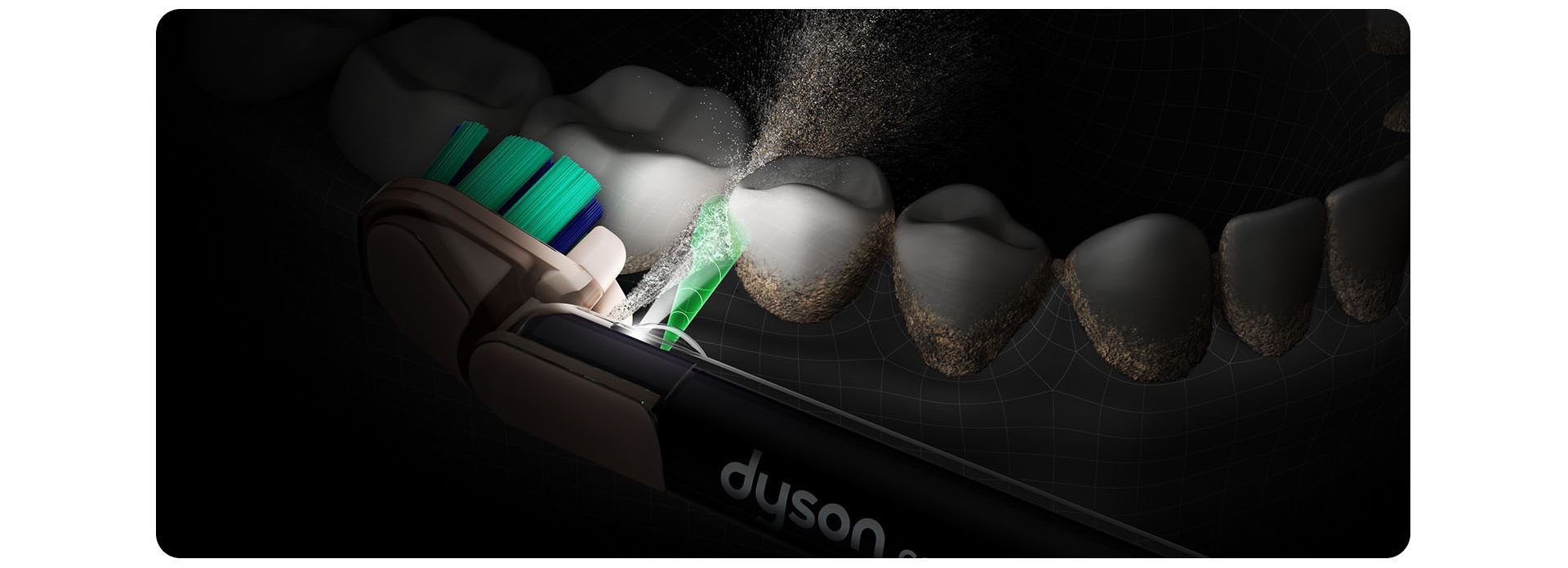 Dyson CameraJet toothbrush detects interdental gaps and jets liquid.