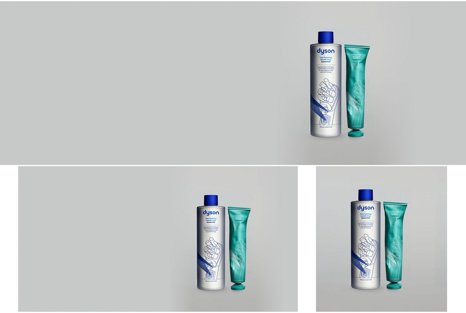 Dyson Peppermint toothpaste and Spearmint mouth rinse.