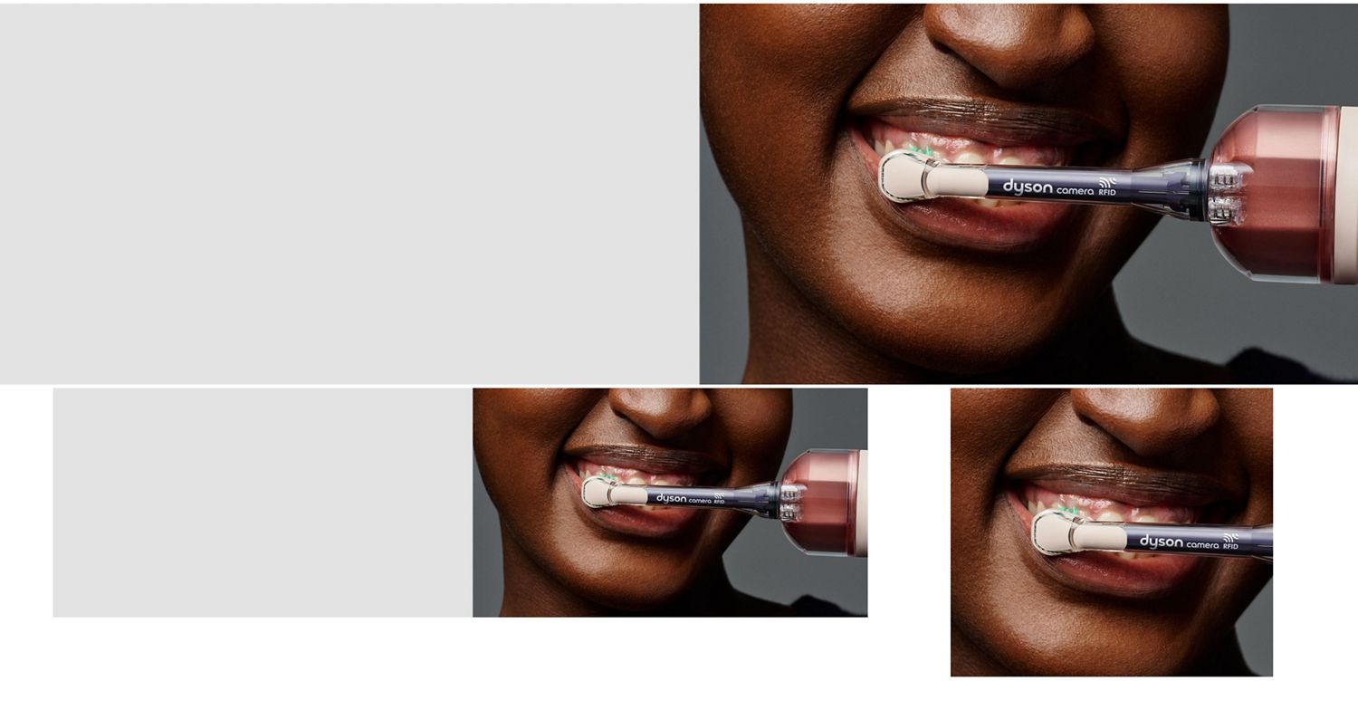 Person brushes their teeth using the Dyson CameraJet toothbrush.
