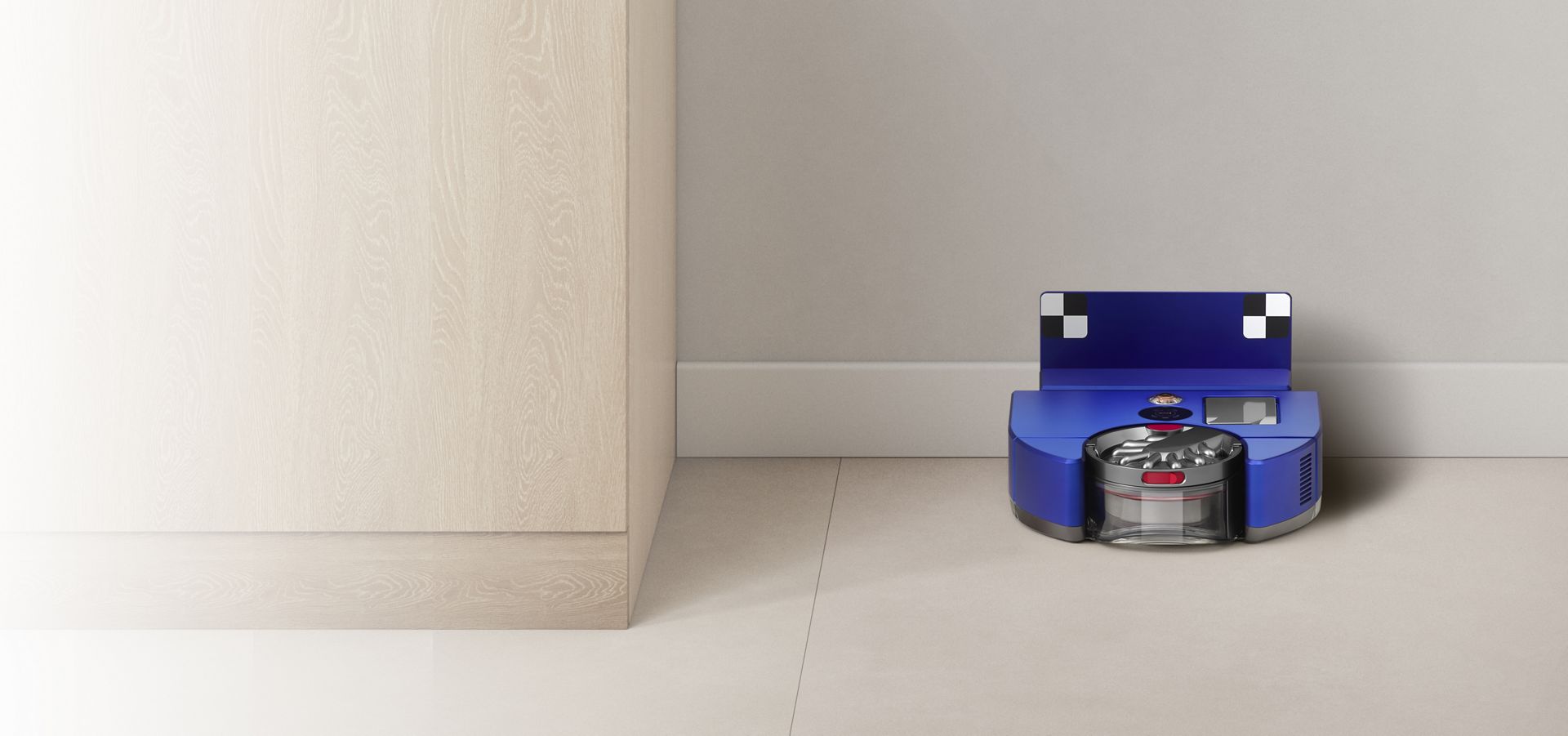 Le robot Dyson 360 Vis Nav dans sa station d'accueil murale