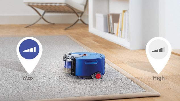 Dyson 360 Heurist robot switching to Max mode to clean a rug