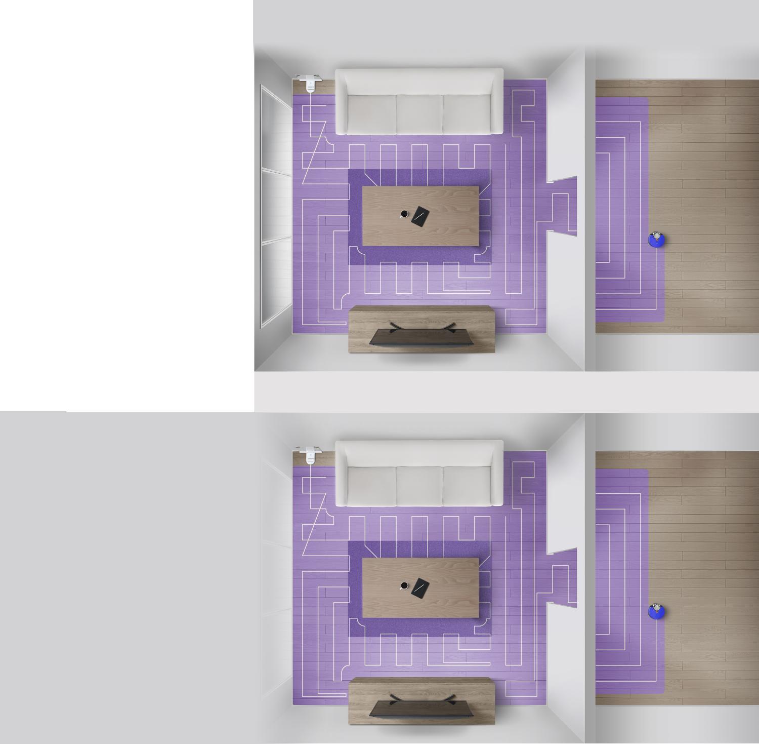 Grafik des Dyson 360 Heurist Saugroboters, der sich in einem Wohnraum bewegt