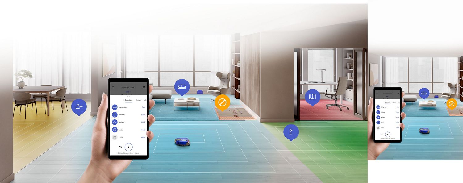 Visualisation of the robot vacuum analysing its surroundings in a living room, and an app screen showing different rooms in the MyDyson app. Visualisation of the robot vacuum analysing its surroundings in a living room, and an app screen showing different rooms in the MyDyson app.