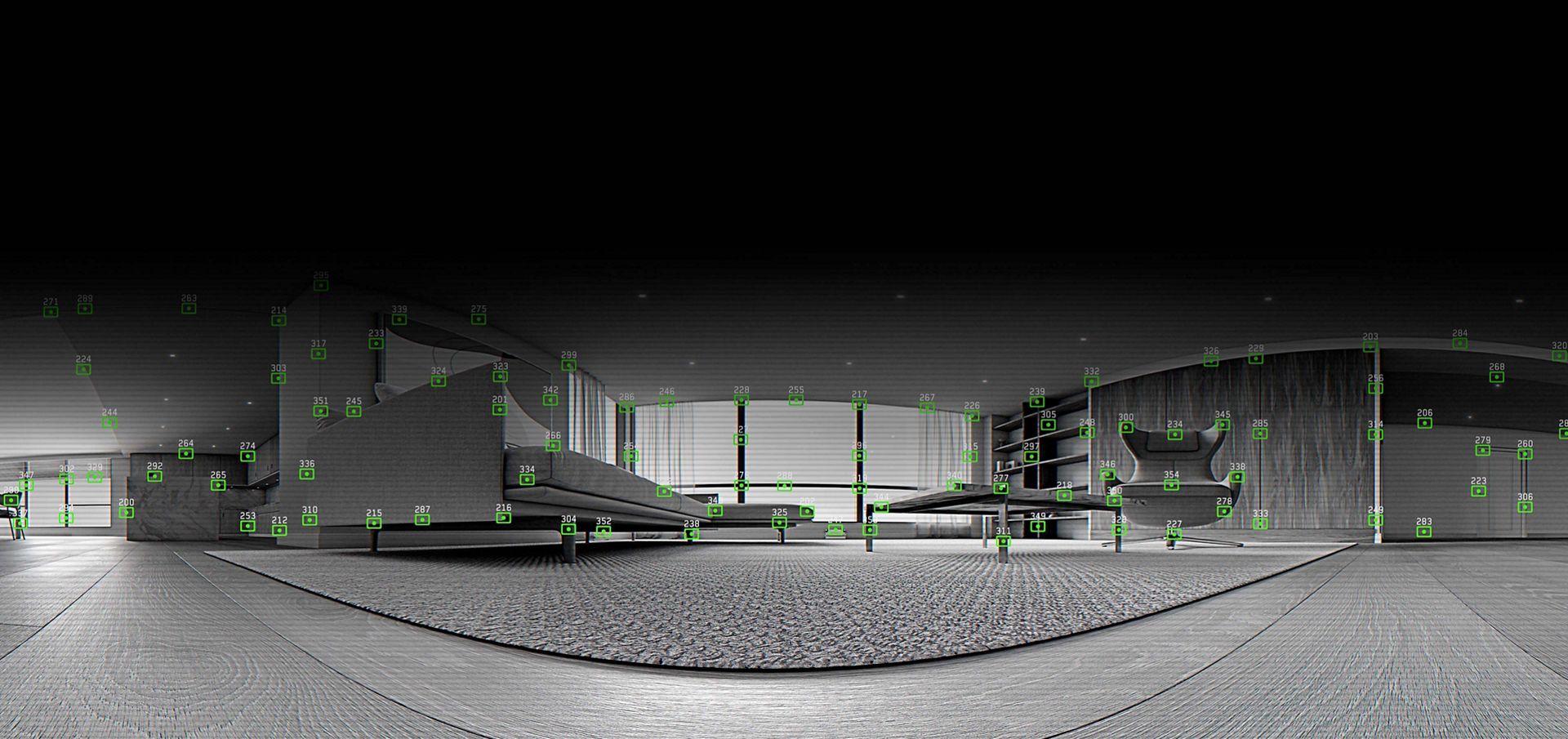 Visualisation of the robot vacuum analysing its surroundings in a living room.
