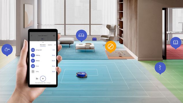 Visualisation du robot en train d’analyser l’environnement d’un salon, et écran de l’application MyDyson affichant différentes pièces de la maison.