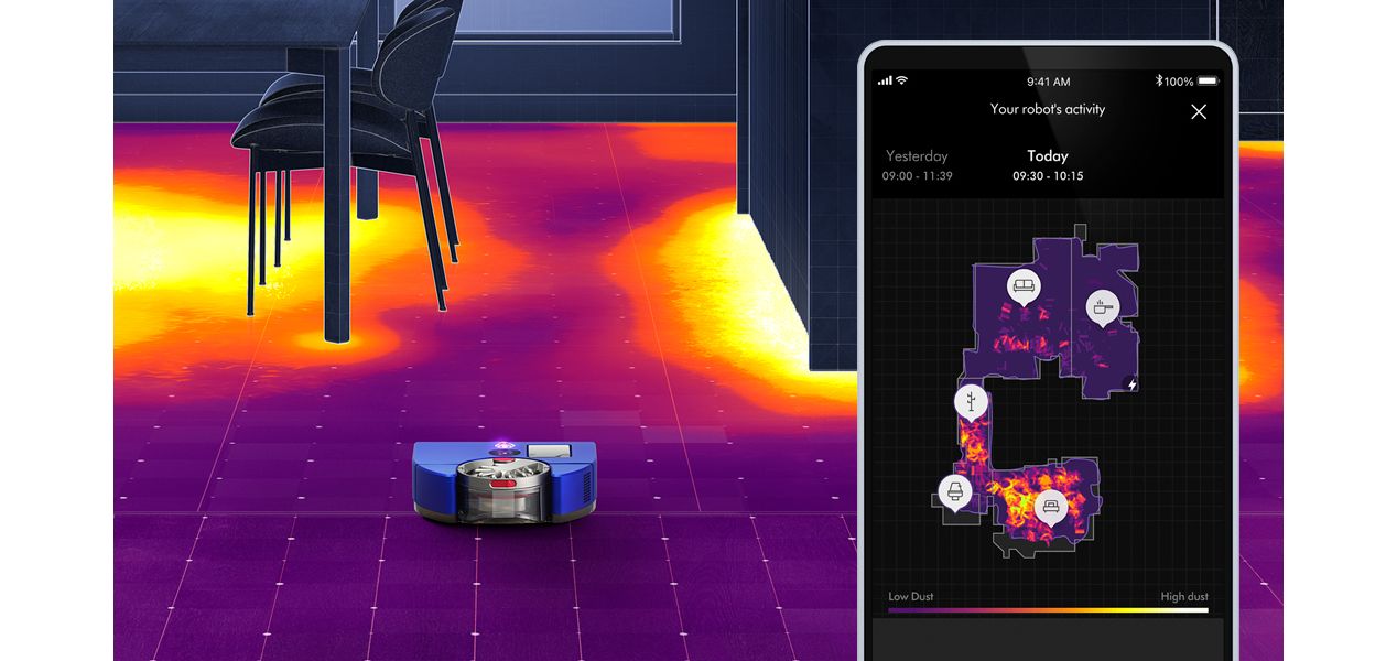 Visualisation of the robot vacuum identifying dust hotspots around a living room, with a slider showing low amounts of dust to high amounts of dust with different colours.