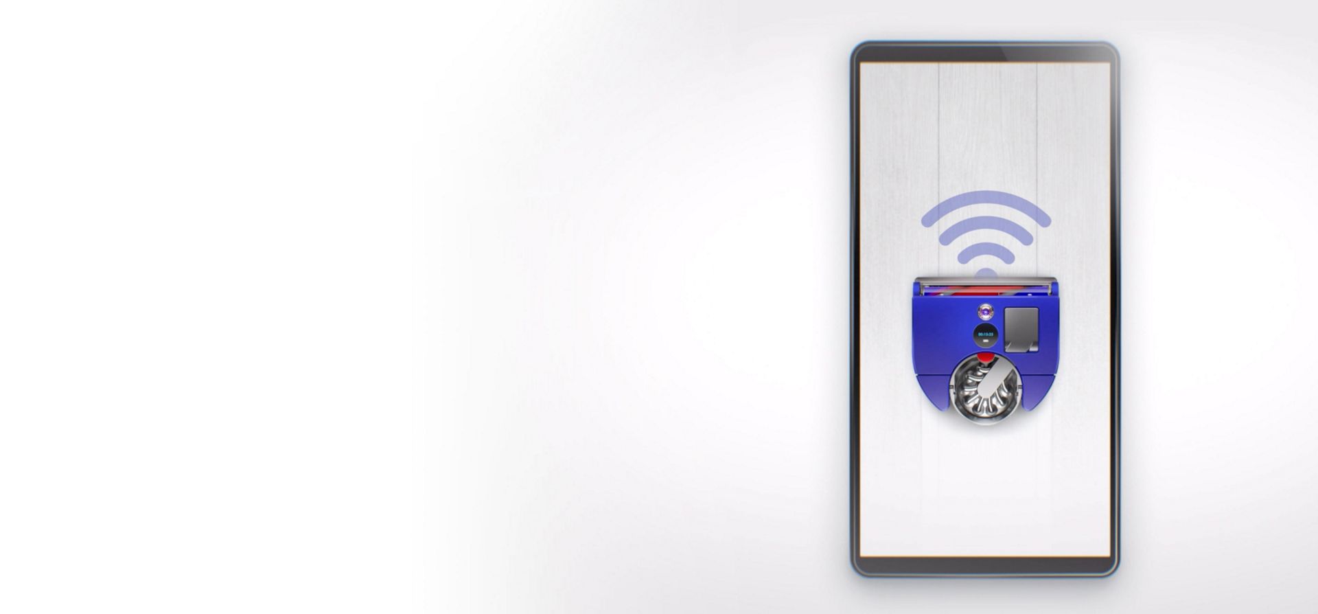 Plan rapproché de l’application MyDyson sur un écran de téléphone intelligent avec, en arrière-plan, une scène de café.