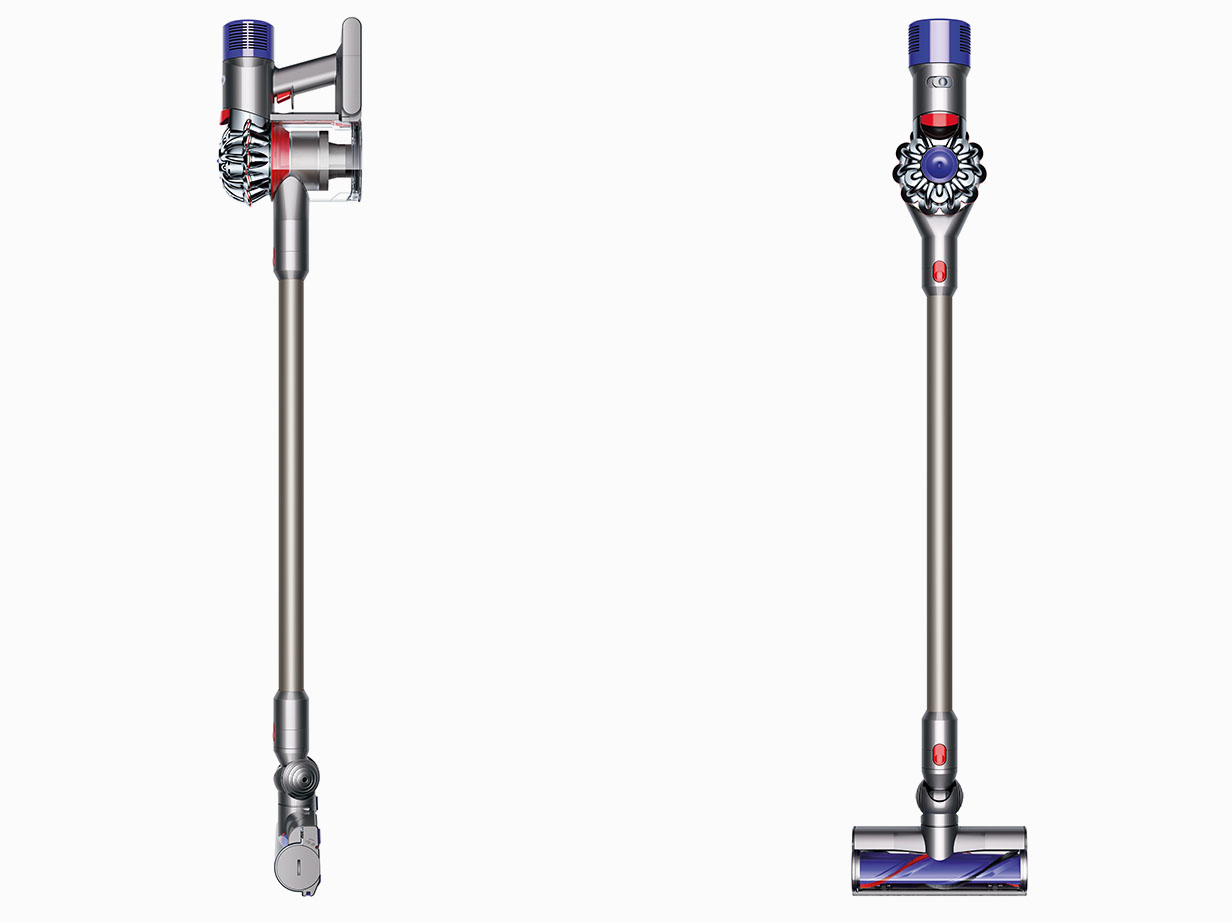 Perfil frontal e lateral de dois aspiradores V8 Absolute 