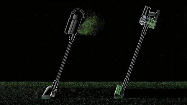 Croquis de deux aspirateurs Dyson V8 expulsant de l’air filtré