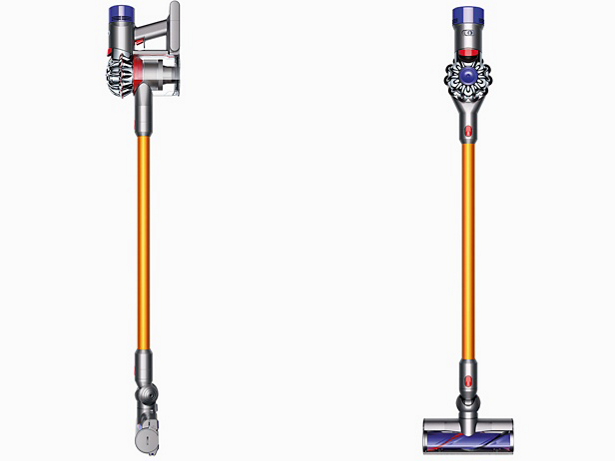 Perfil frontal e lateral de dois aspiradores V8 Absolute 