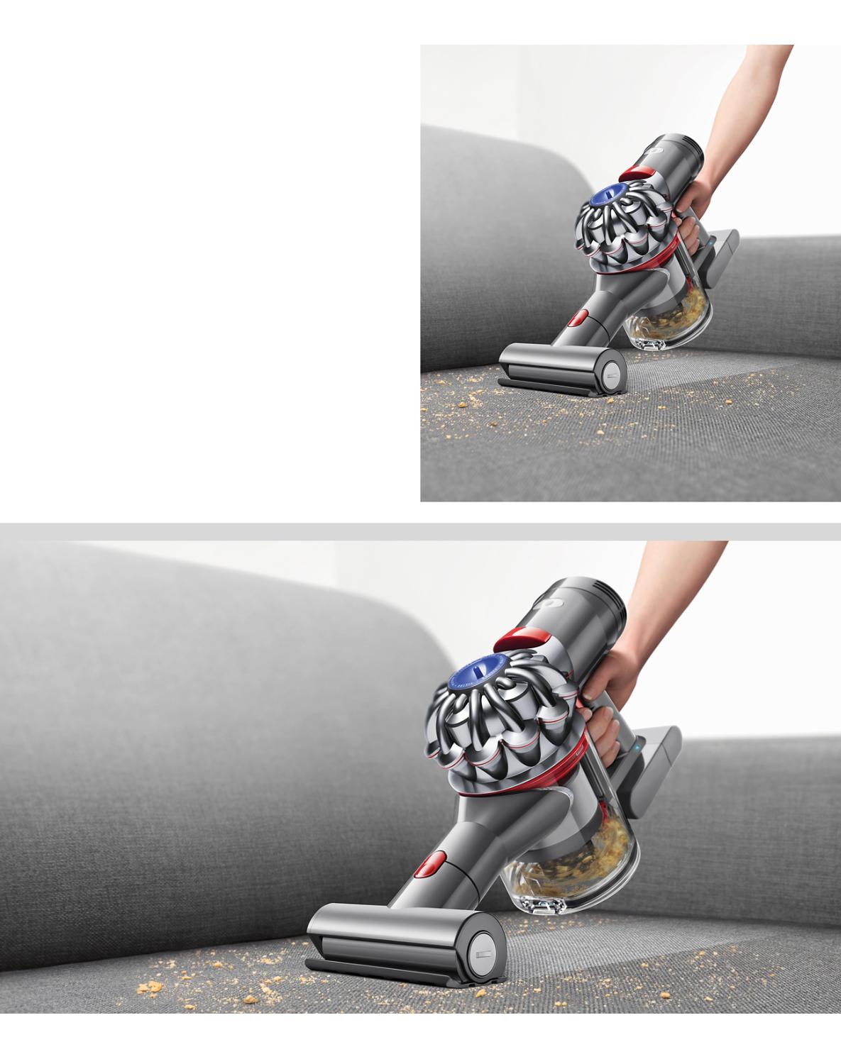 Dyson V7 håndholdt støvsuger, der fjerner krummer fra en grå sofa.