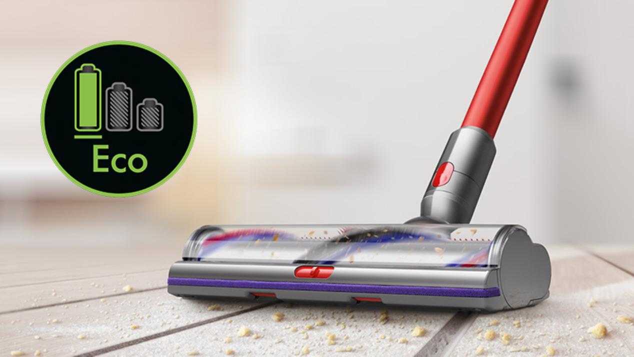 Digital Motorbar XL cleaner head vacuums hard floor with Eco mode graphic.