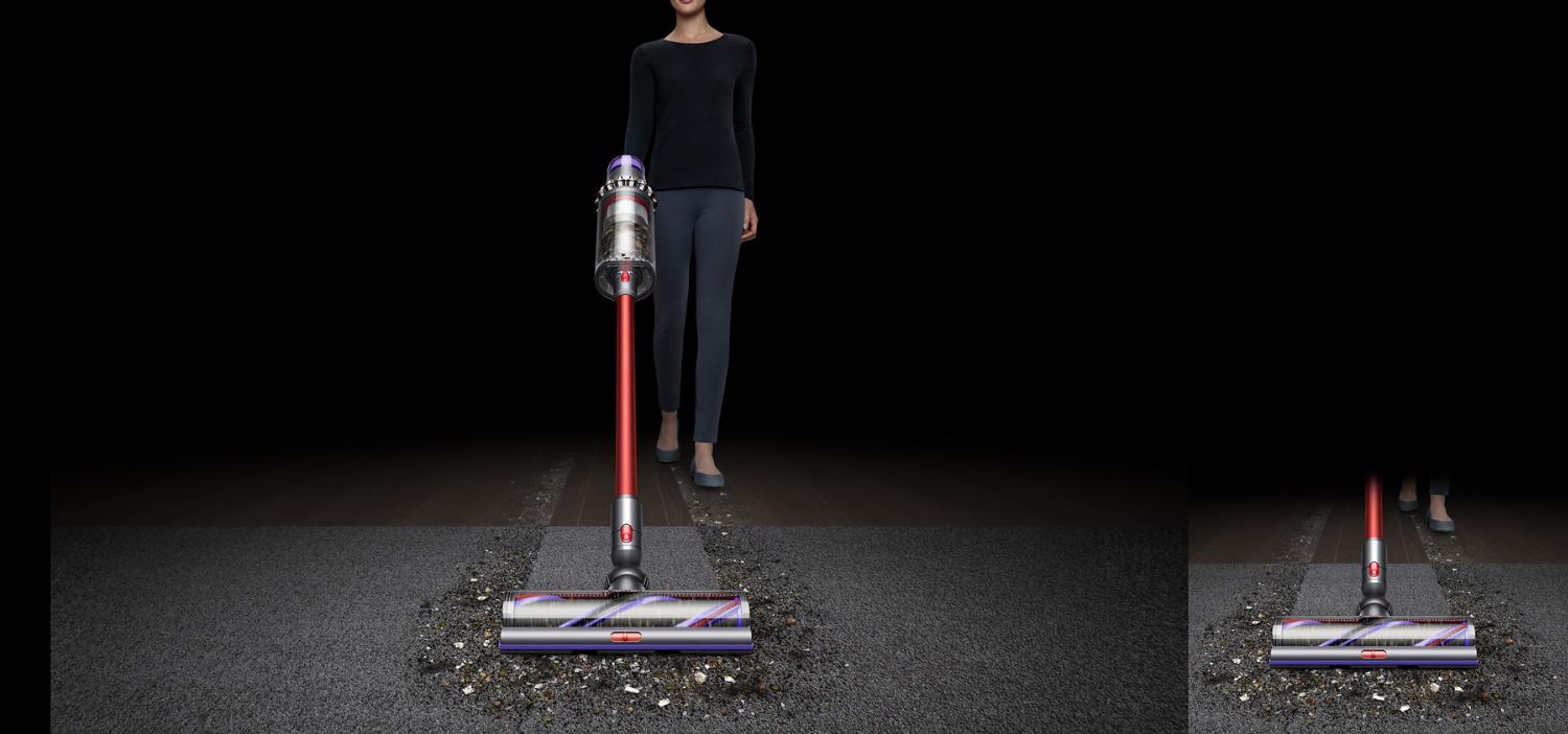 Digital Motorbar XL cleaner head vacuums a clean line through dirt and debris on different floor types.