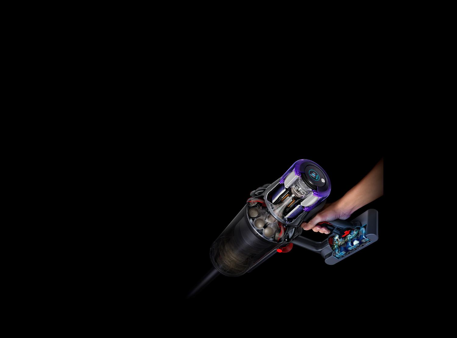 Cutaway showing the motor and powerful suction of the Dyson Outsize vacuum.