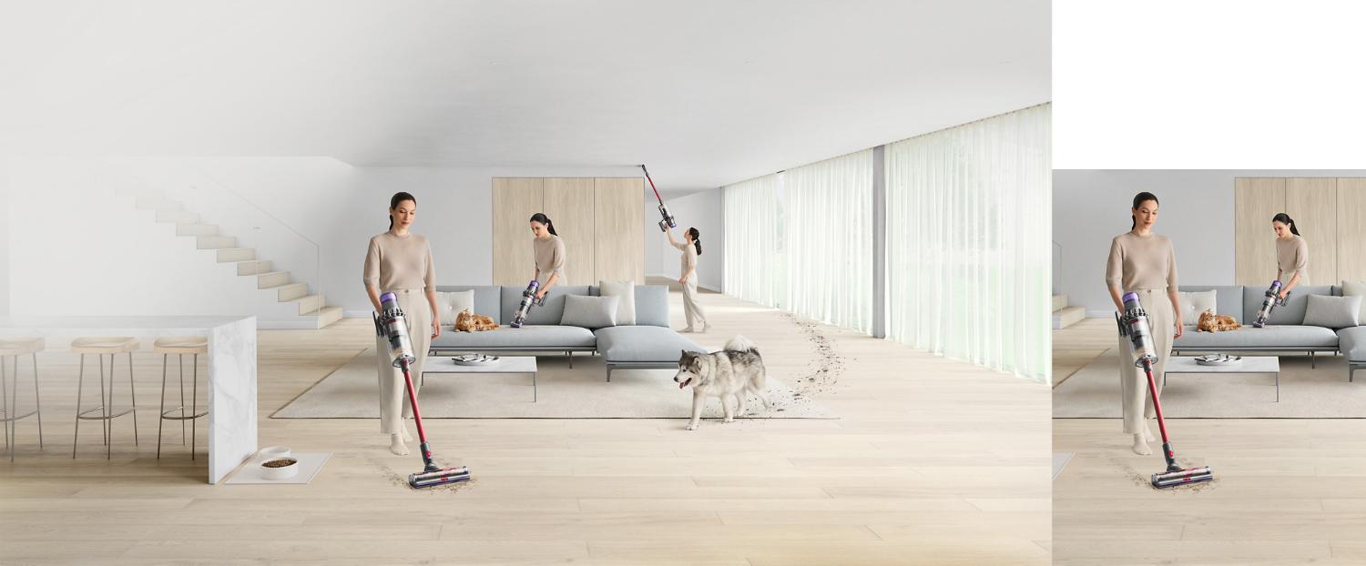 Woman cleans hard floors and upholstery in stick and handheld mode, with a pet on the sofa.