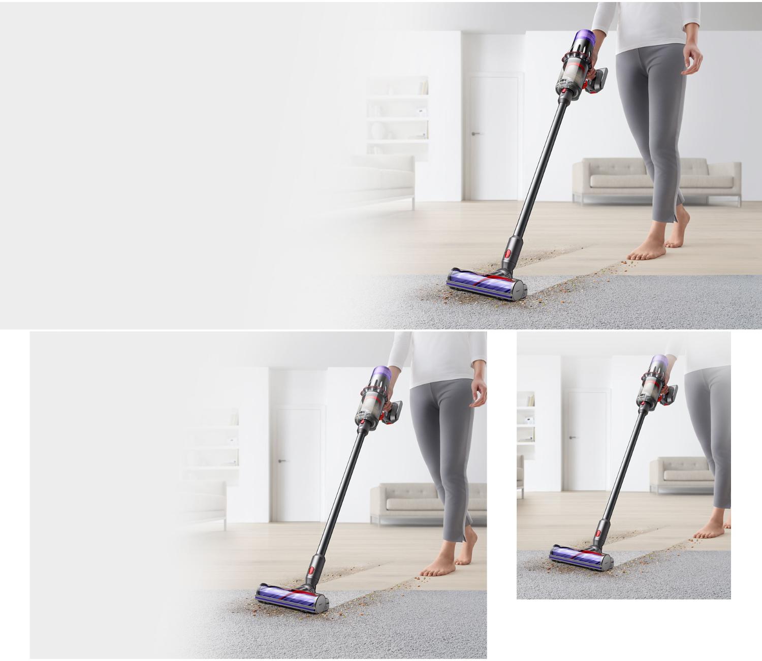 A person uses the Dyson V9 vacuum to clean hard floors and carpet in a home with the Motorbar cleaner head.