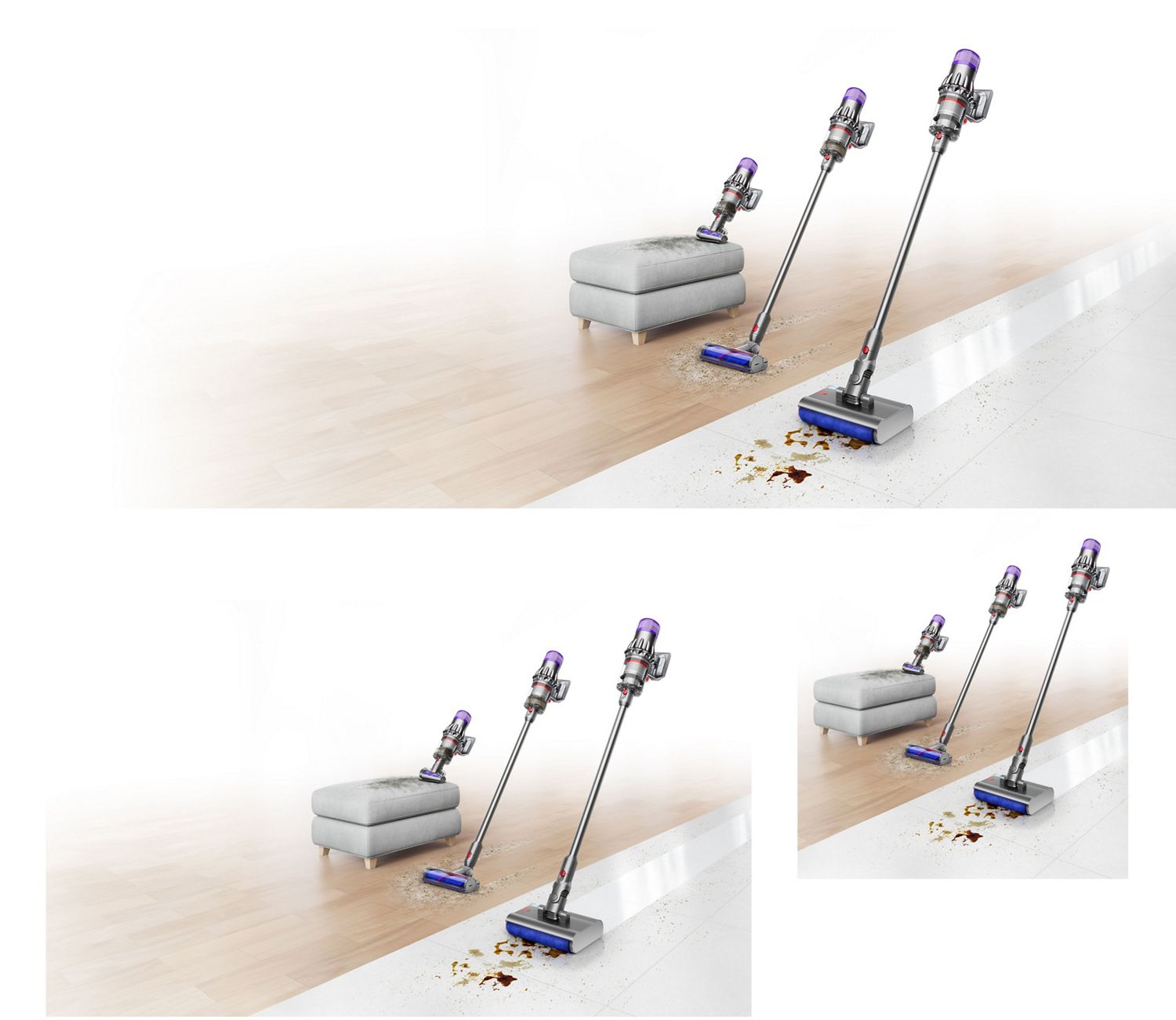 L’aspirateur Dyson V9 avec l’embout anti-emmêlement, la tête d’aspirateur Motorbar et la tête d’aspirateur à rouleau humide Submarine.