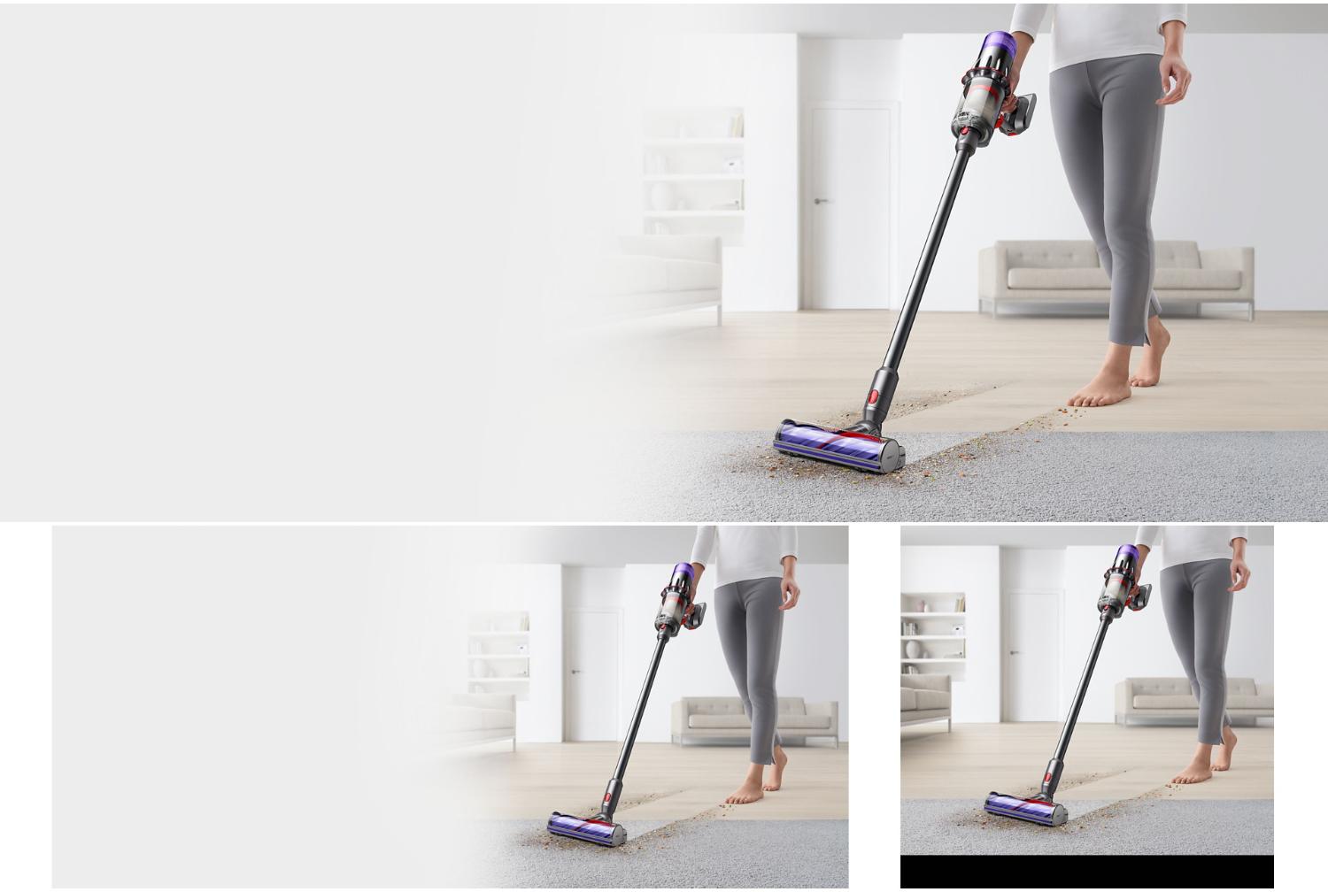 The Dyson V9 vacuum to clean hard floors and carpet in a home with the Motorbar cleaner head.