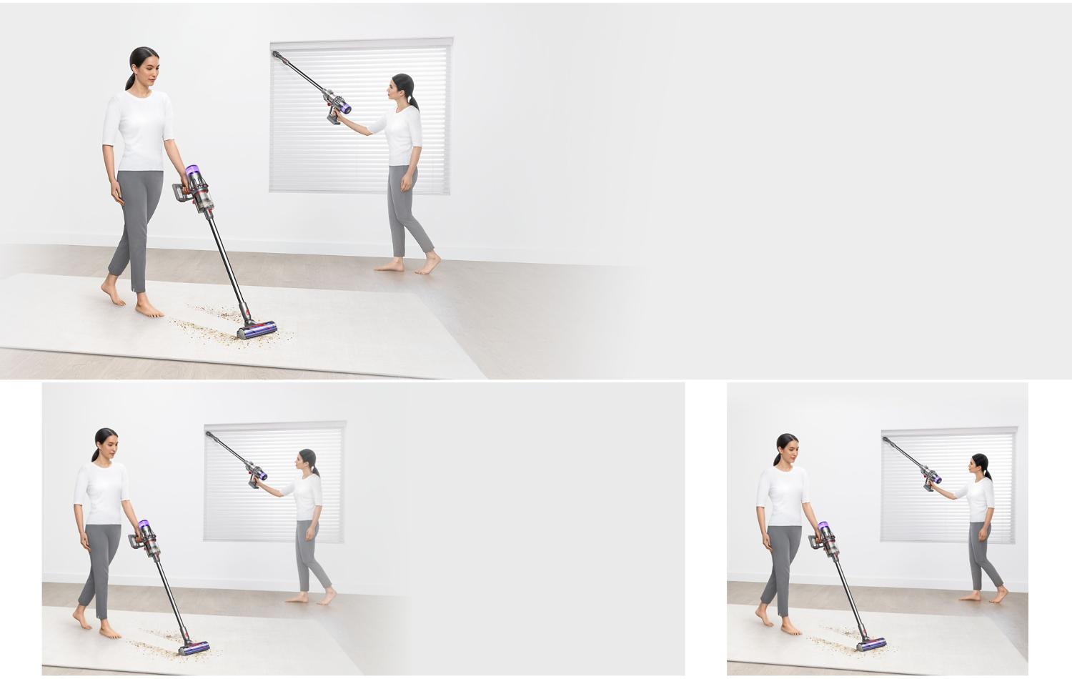 The Dyson V9 vacuum with various attachments is used to clean around their home.