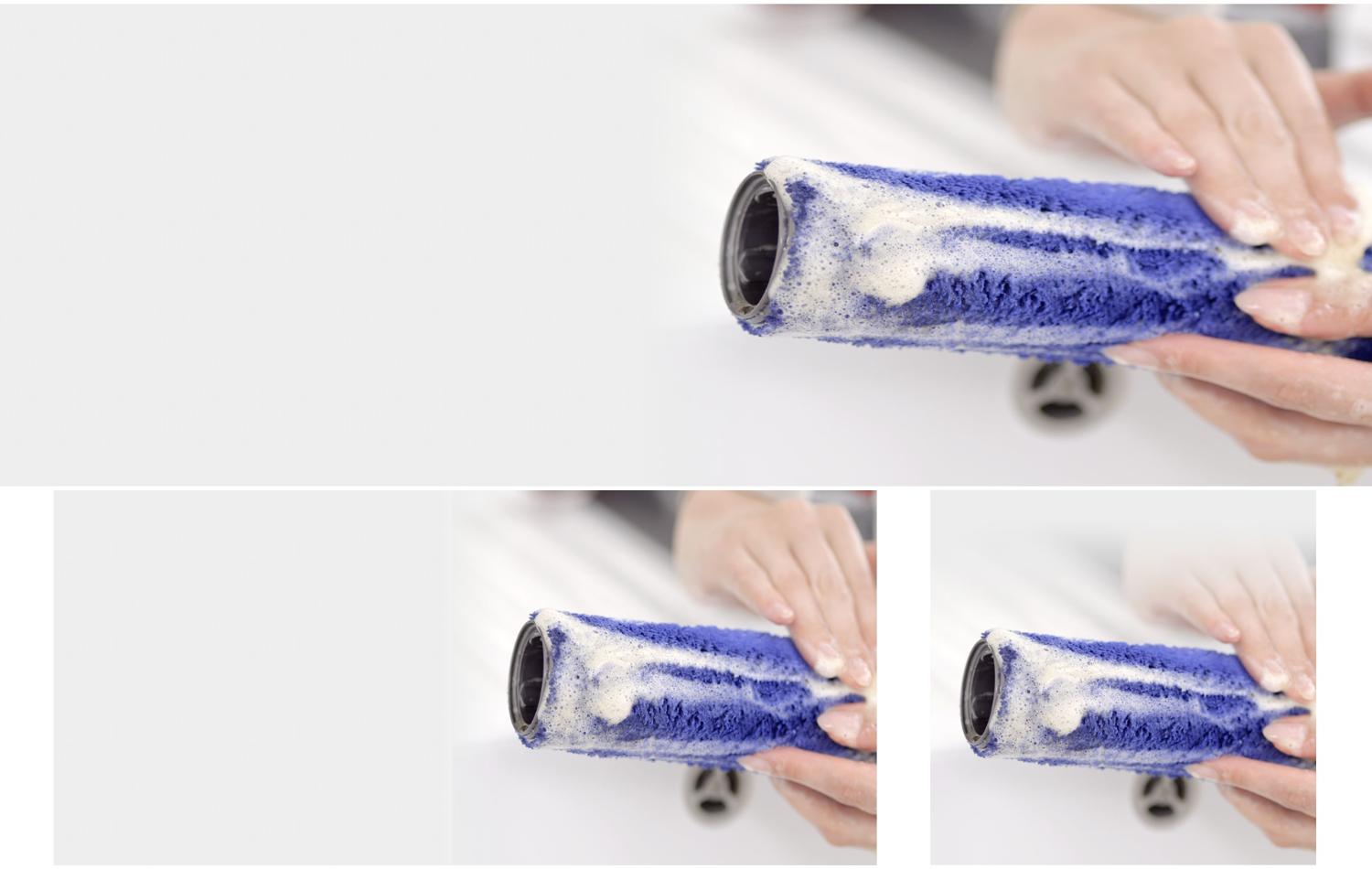 The roller head of the Dyson V9 Submarine vacuum is cleaned after use.
