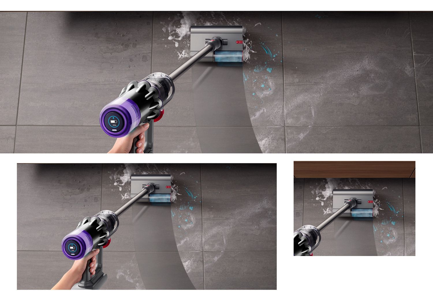 The Submarine wet roller cleaner head in wet mode, cleaning a spill from a grey tiled floor.