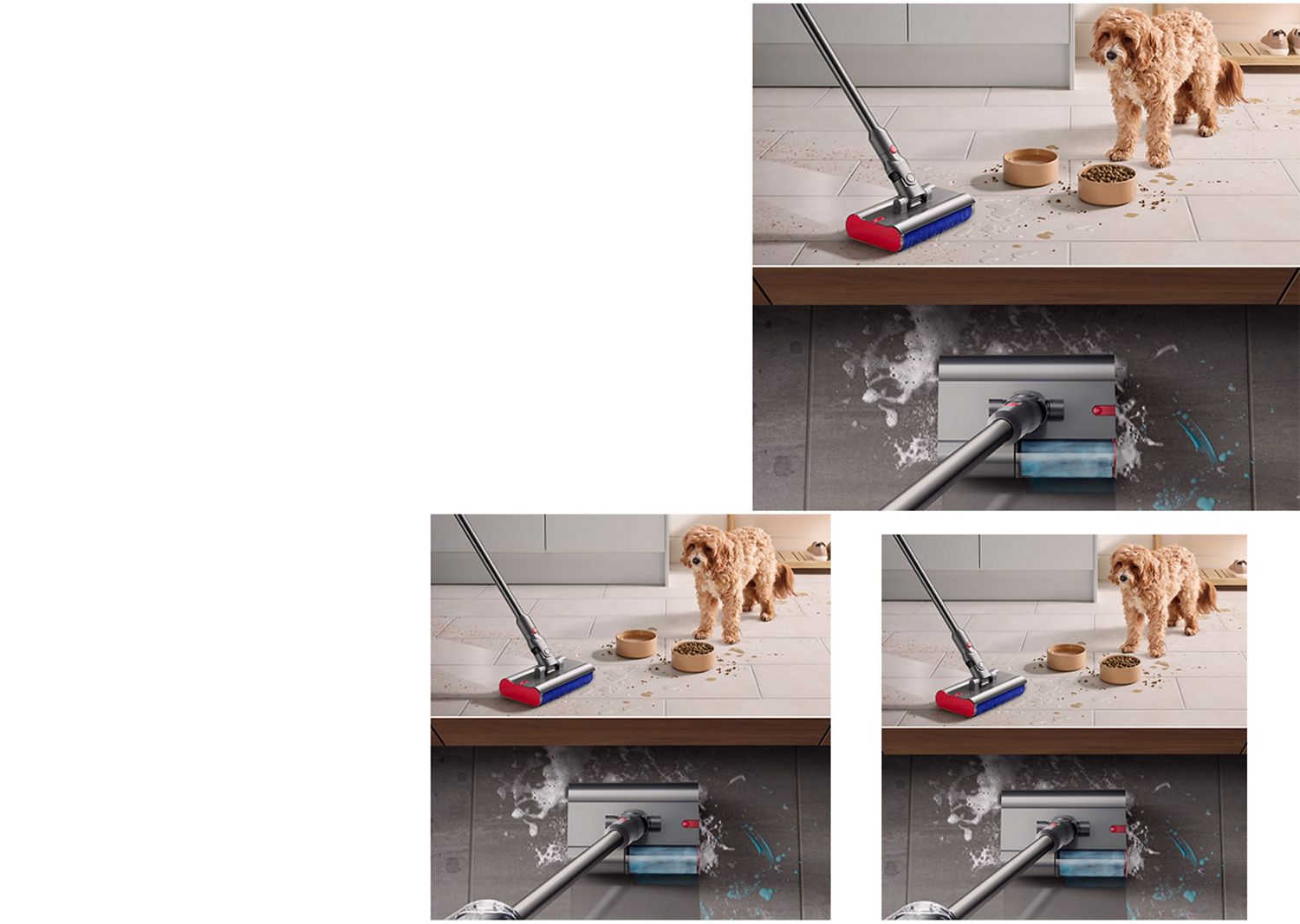 The Dyson Submarine wet roller head cleans the floor of a kitchen with a dog and dog food bowls in the background.