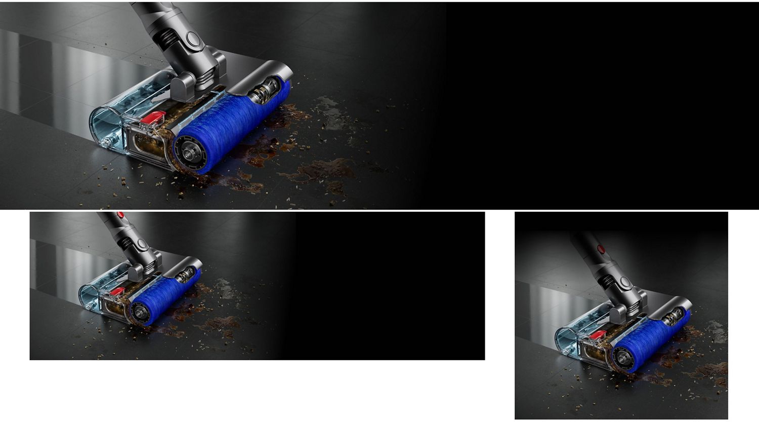 The Submarine wet roller head cleans spills from a tiled floor.