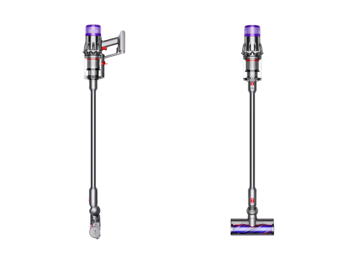 The Dyson V9 Motorbar vacuum front and side view.