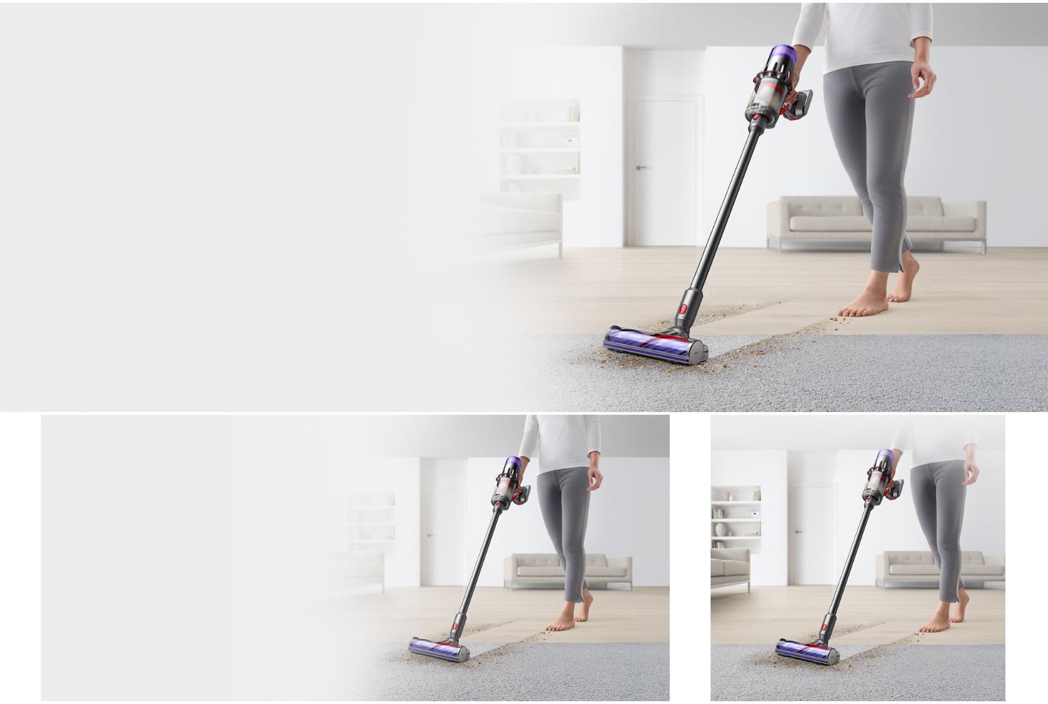 The Dyson V9 vacuum to clean hard floors and carpet in a home with the Motorbar cleaner head.