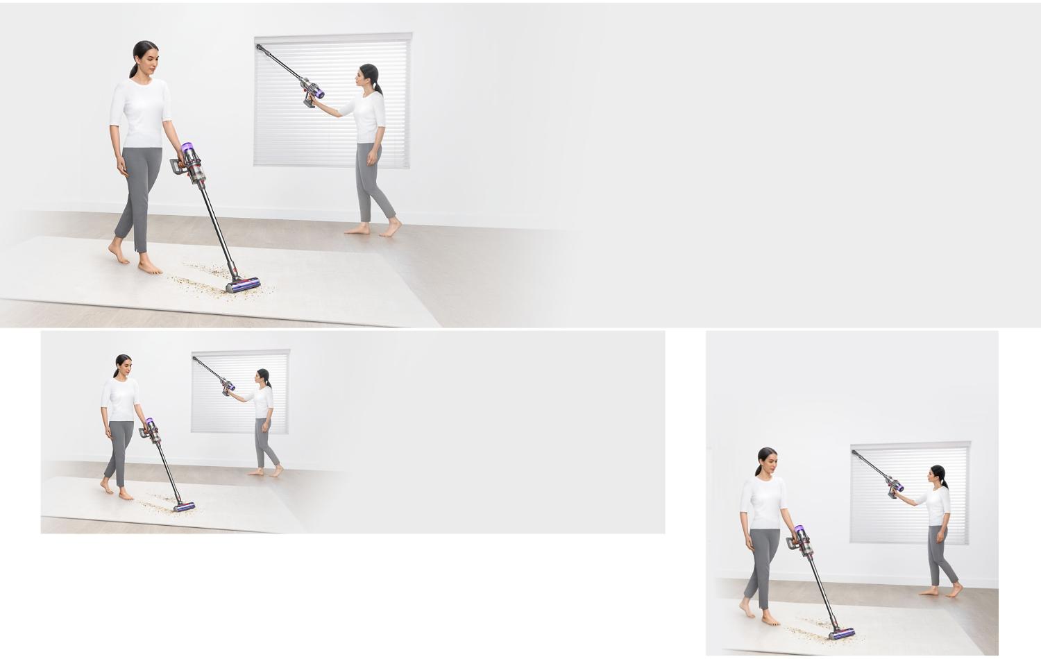 The Dyson V9 vacuum with various attachments is used to clean around their home.