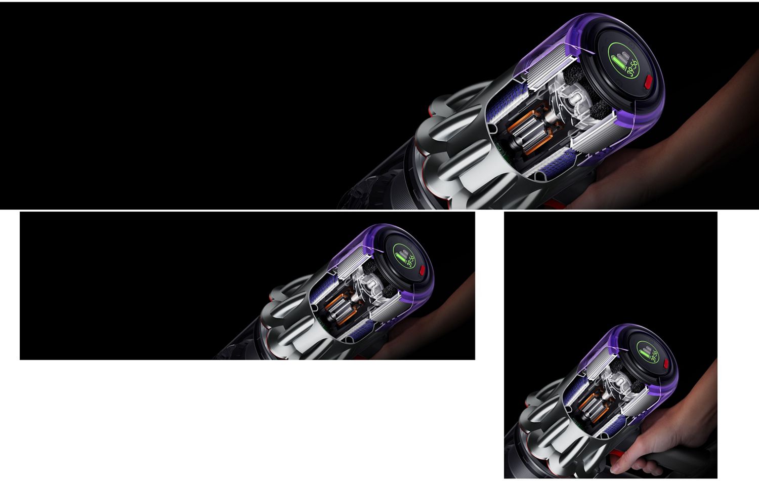 Cutaway of the Dyson V9 vacuum showing the Dyson Hyperdymium motor within.