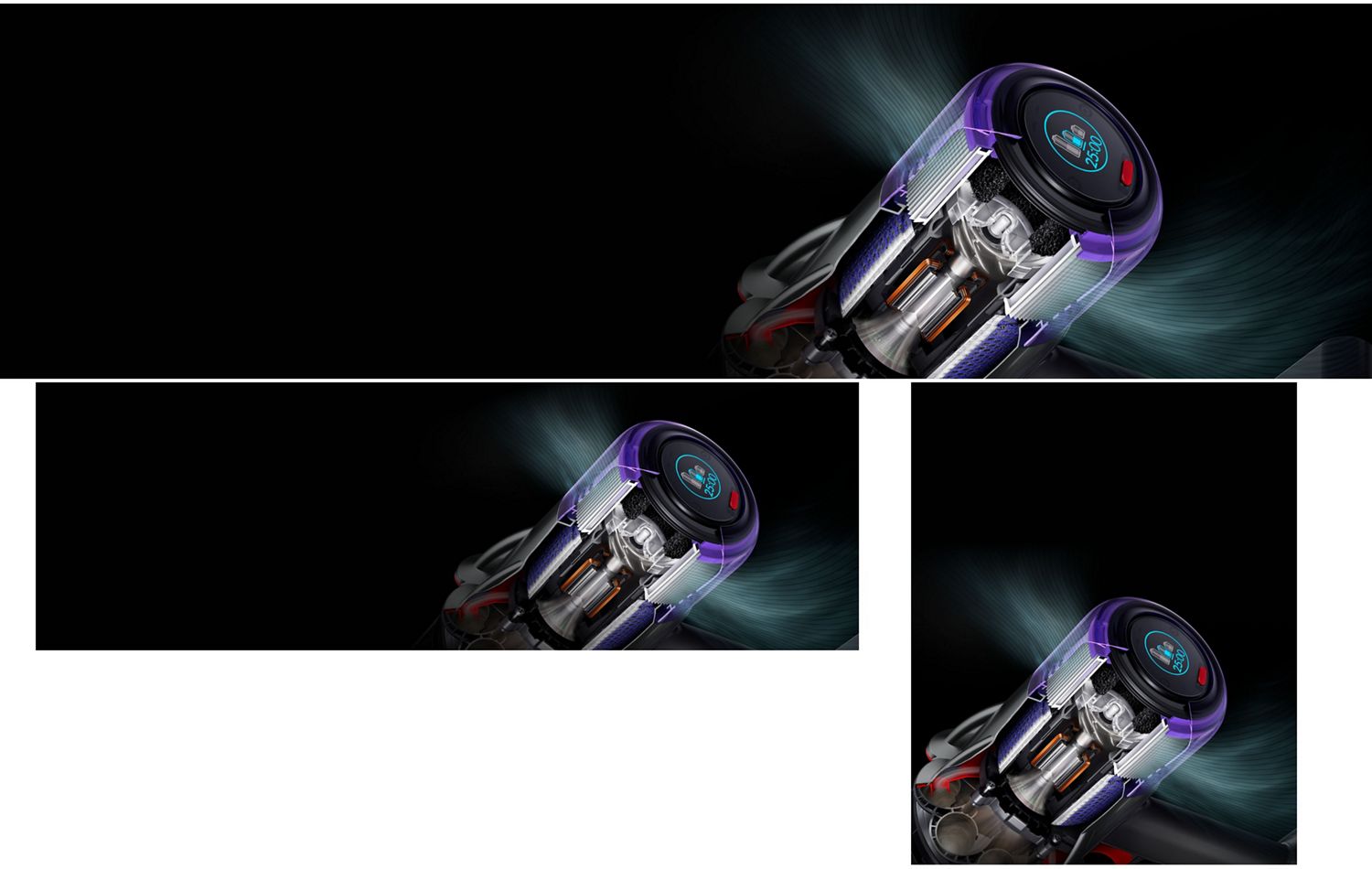 Cutaway of the Dyson V9 vacuum showing the filtration technology within.