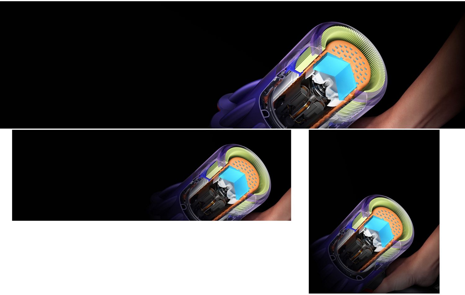 Cutaway of the Dyson V9 vacuum showing the noise reduction technology within.