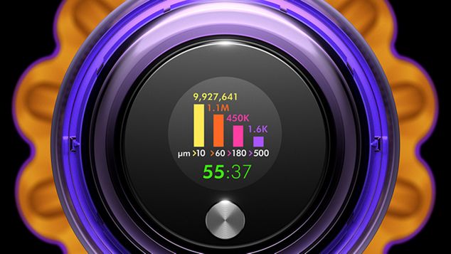 Dyson V15 vacuum LCD screen showing counts of different sized particles