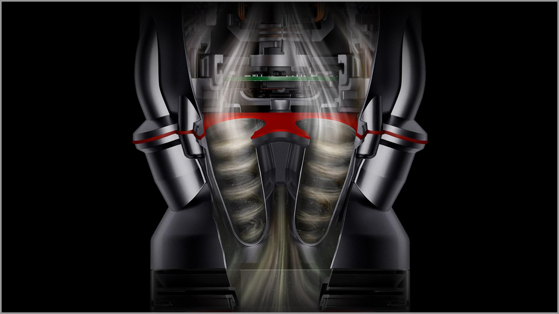 لقطة مقتطعة توضيحية لمكنسة Dyson Micro تعرض صورة مُقرَّبة من الفرازات المخروطية الفردية.