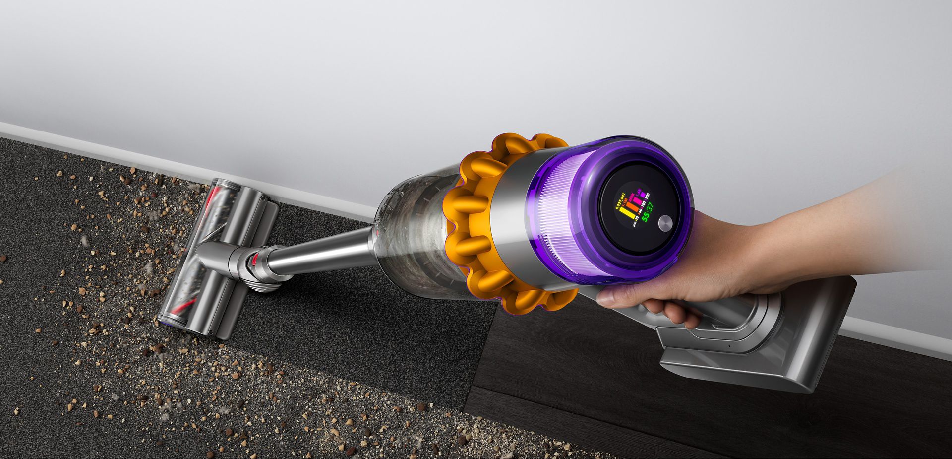 A dyson V15 detect cleaning the carpet