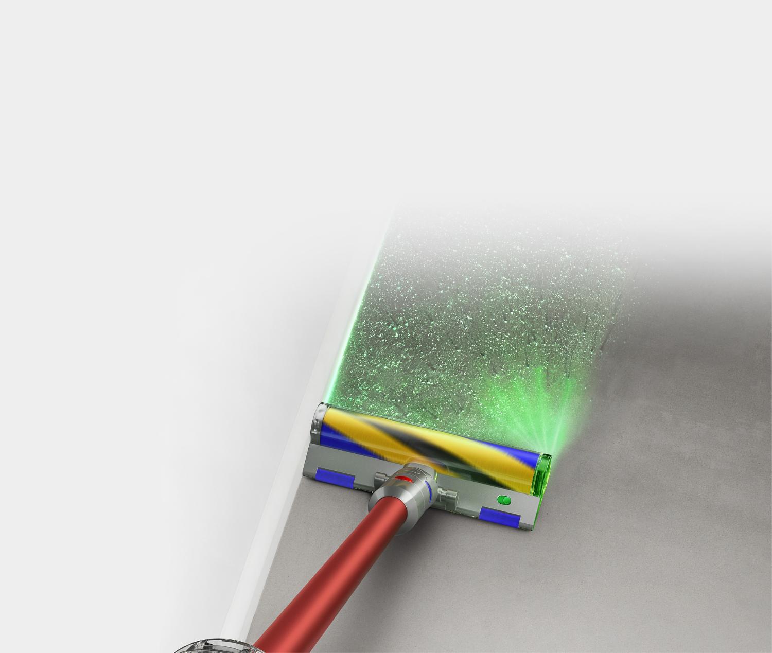 Dyson Outsize vacuum with laser cleaner head on hard floor.
