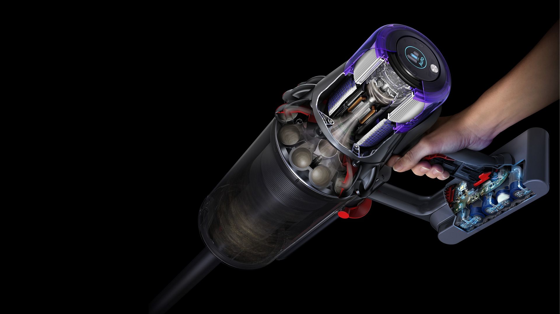 Schnittdarstellung des Dyson Outsize Staubsaugers, auf der die Zyklone, der Motor und der Filter zu sehen sind
