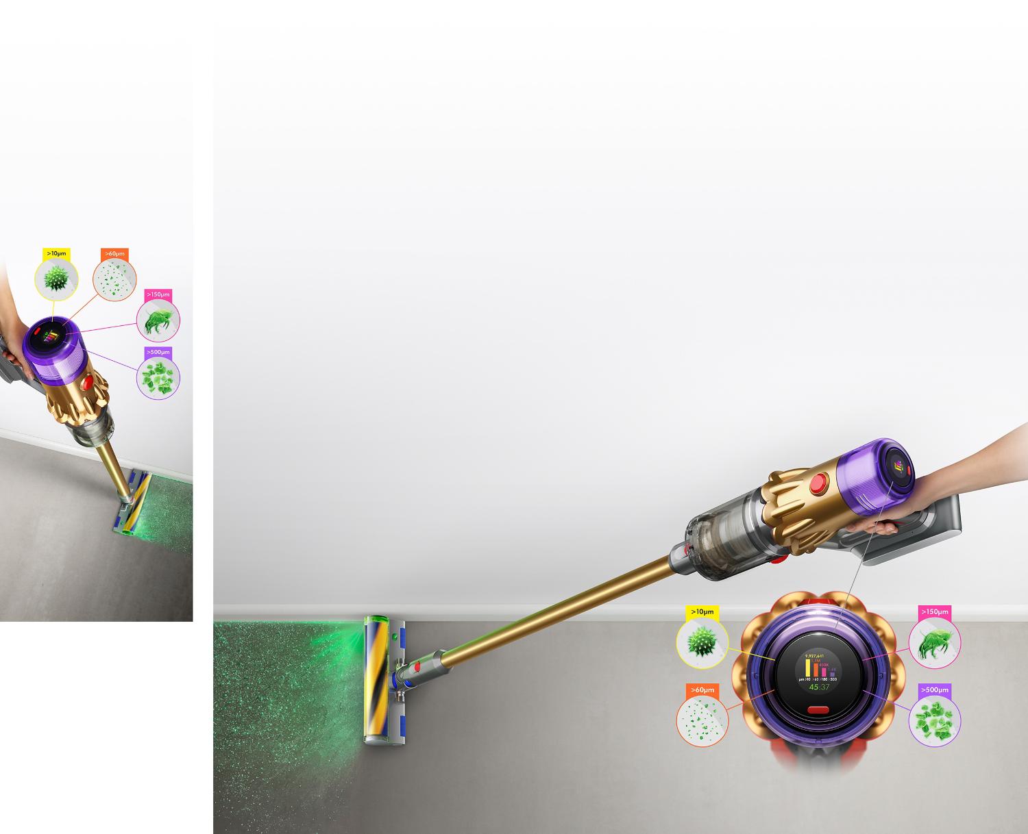 Aspirateur Dyson V12 Detect Slim avec tête d’aspirateur à laser Slim Fluffy indiquant la taille des particules de poussière détectées.