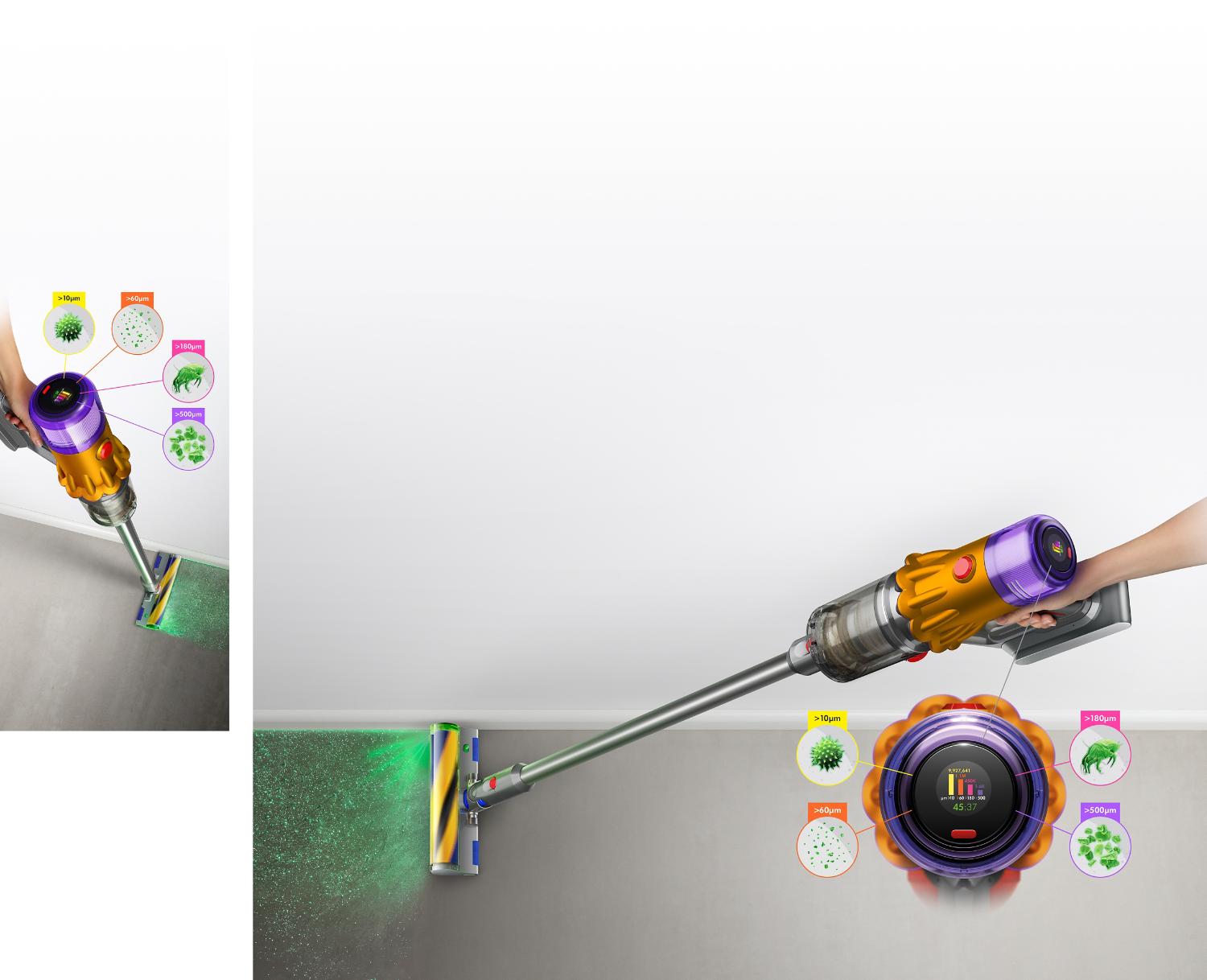 Aspirateur Dyson V12 Detect Slim avec tête d’aspirateur à laser Slim Fluffy indiquant la taille des particules de poussière détectées.