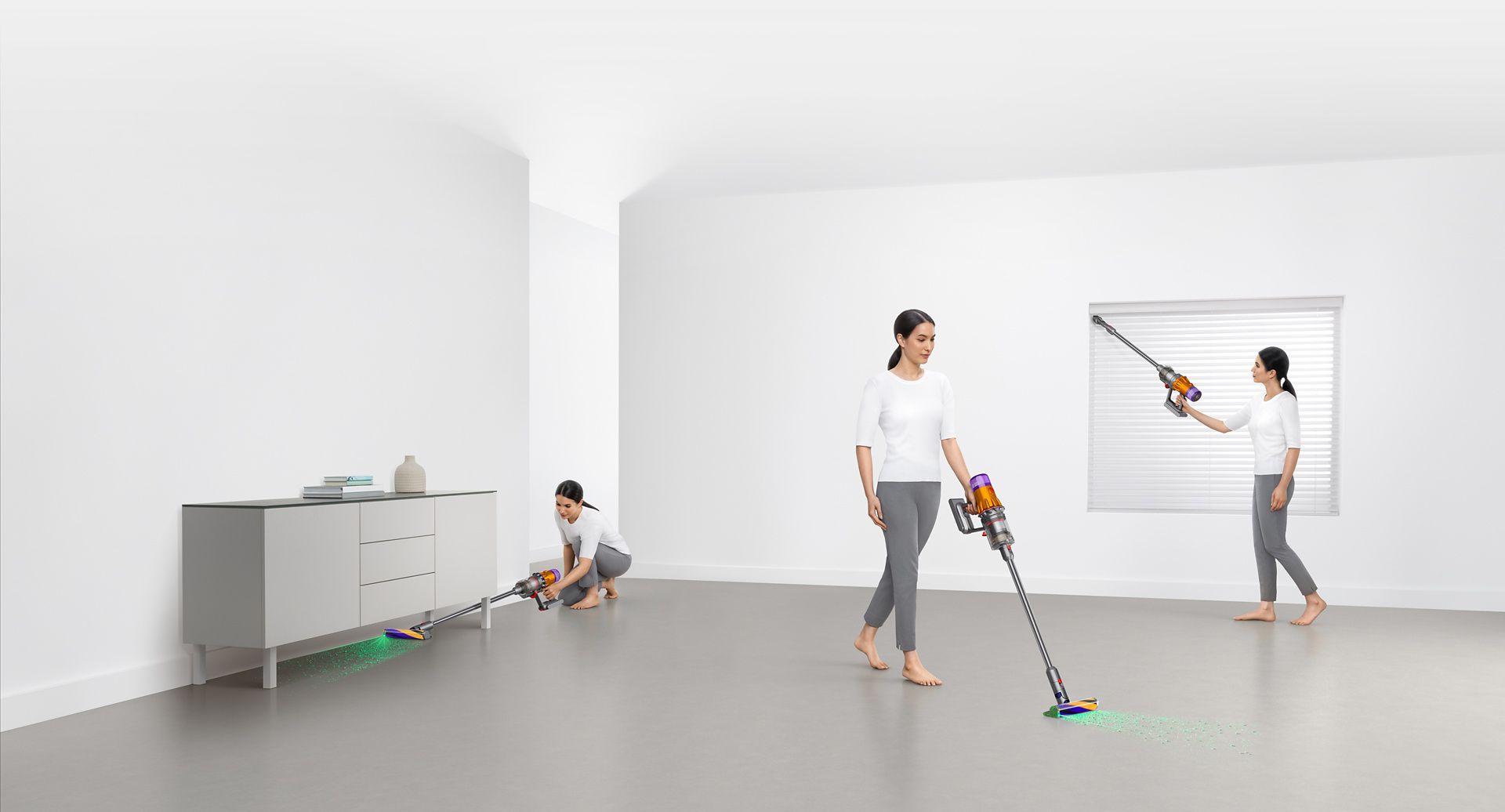 Woman cleaning in various places around the home